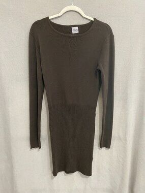 Tricot Brown Ribbed Knit Midi Dress Long Sleeve Fitted Stretch Cotton Dress